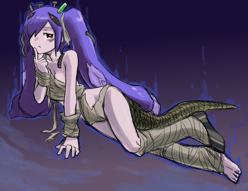 bandage bolt bolts choutako long_hair purple_hair red_eyes tail torn_clothes