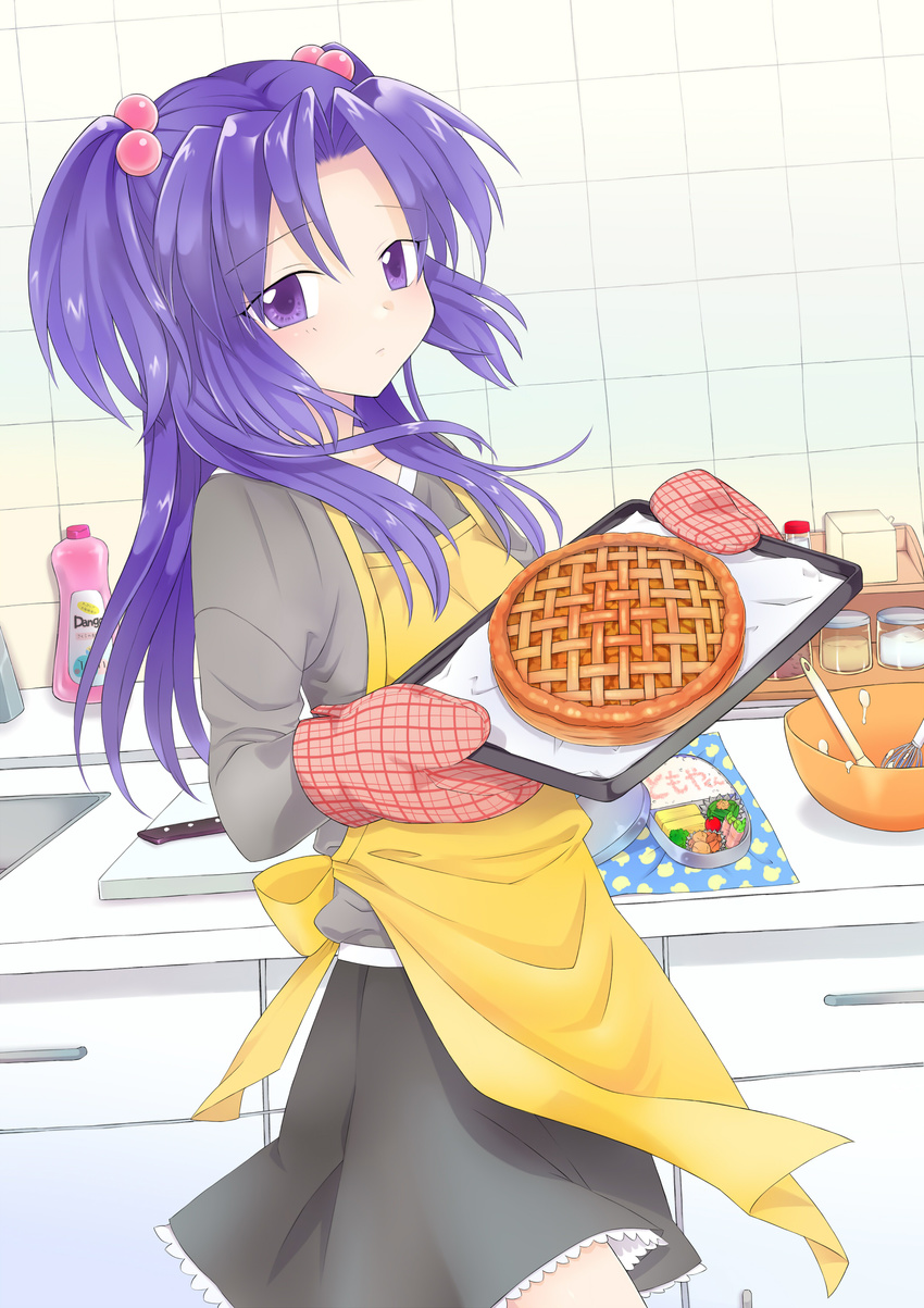 absurdres apron ayamoto baking_sheet blue_hair clannad food food_writing hair_bobbles hair_ornament highres ichinose_kotomi kitchen long_hair mixing_bowl obentou oven_mitts pie plaid purple_eyes spatula two_side_up whisk