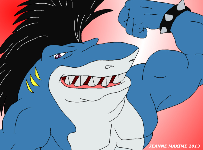 abs anthro biceps black_hair blue_skin fangs fish fishmen flexing hair looking_at_viewer male marine maxime-jeanne muscles pecs pose purple_eyes rox rox_(street_sharks) scales scalie shark solo street_sharks teeth topless white_skin wristband