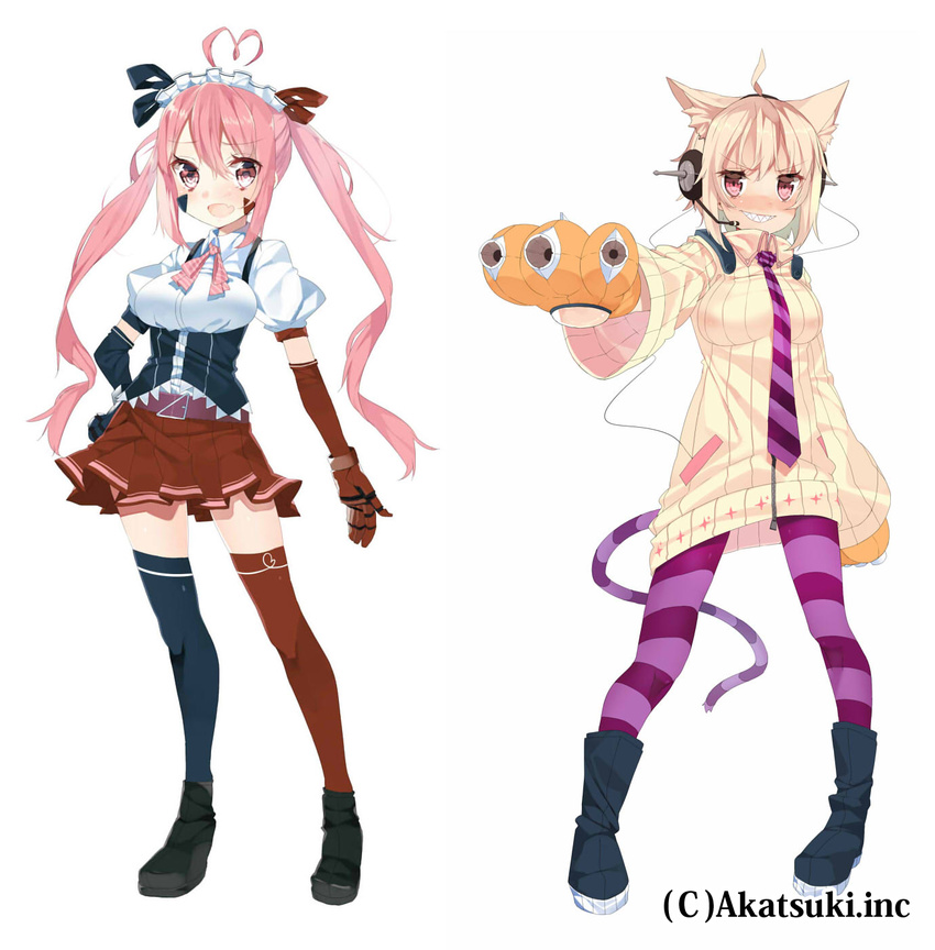 2girls ahoge animal_ears blonde_hair blue_legwear boots breasts cat_ears cat_tail corset dennou_pandemic dress elbow_gloves gloves grin hand_on_hip headdress headset highres koba large_breasts long_hair maid_headdress mismatched_legwear multiple_girls necktie open_mouth pink_eyes pink_hair red_legwear skirt smile standing striped striped_legwear sweater sweater_dress tail weapon