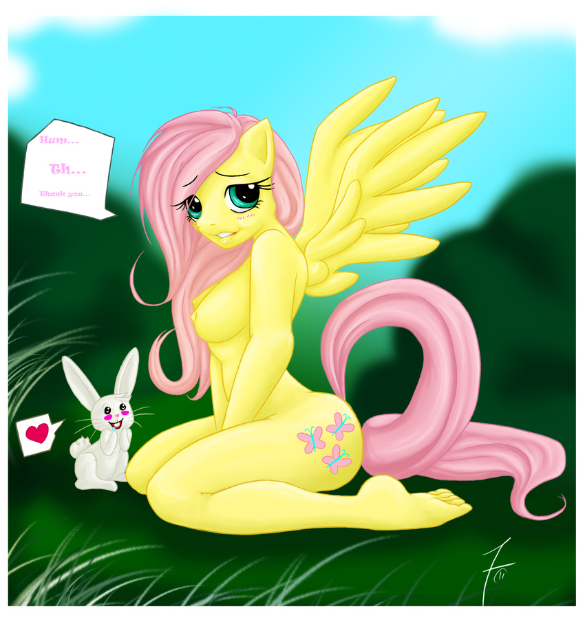 &lt;3 angel_(mlp) angel_bunny anthro anthrofied blush breasts duo english_text equine female feral fluttershy_(mlp) friendship_is_magic hair horse lagomorph male mammal ms-seven0 my_little_pony nipples nude outside pegasus pink_hair pony rabbit text wing_boner wings yellow_nipples