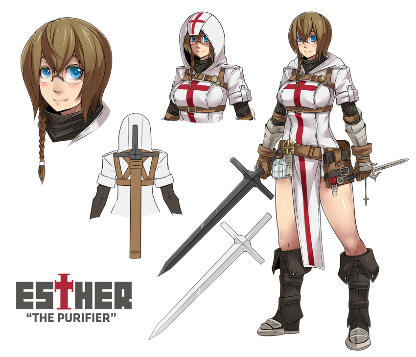 asymmetrical_hair bare_legs belt belt_pouch blue_eyes blush boots bracer braid breasts brown_hair chainmail character_name character_sheet dagger esther_(exaxuxer) exaxuxer glasses gloves highres hood hood_down knee_boots knights_templar large_breasts original pouch reverse_grip short_hair single_braid smile strap sword weapon