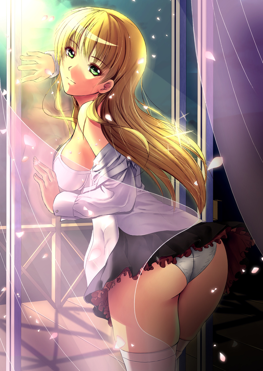 absurdres ass bad_id bad_pixiv_id blonde_hair bra character_request copyright_request curtains green_eyes highres long_hair looking_at_viewer looking_back off_shoulder open_clothes open_shirt panties petals shirt skindentation skirt smile solo soyokaze thighhighs underwear white_bra white_legwear white_panties window