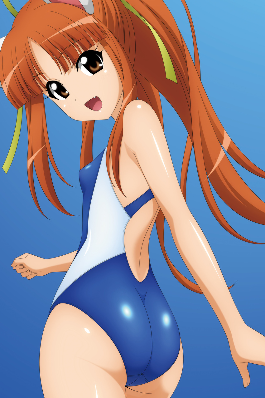 absurdres animal_ears ass breasts brown_eyes brown_hair competition_swimsuit fang from_behind fushigiboshi_no_futago_hime highres leonne long_hair looking_back one-piece_swimsuit ponytail ribbon small_breasts solo sugimura_tomokazu swimsuit