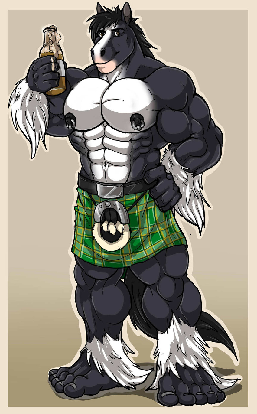 5_toes abs alcohol angus anthro arody beefcake beer belt beverage biceps big_muscles black_fur black_nipples brave_(disney) brown_background brown_eyes clothing clydesdale disney drink equine fur grin handsome horse human_feet irish kilt looking_at_viewer male mammal muscles mutant_serpentina nipple_piercing nipples pecs piercing plain_background pose shire_horse smile solo standing toes toned topless white_fur