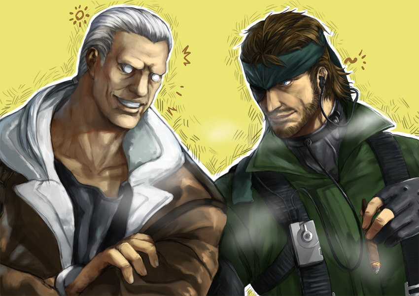 bad_id bad_pixiv_id bandana batou beard blue_eyes brown_hair cigar crossover eyepatch facial_hair ghost_in_the_shell gloves jacket male_focus metal_gear_(series) metal_gear_solid multiple_boys mustache naked_snake ootsuka_akio seiyuu_connection white_hair yi_dianxia