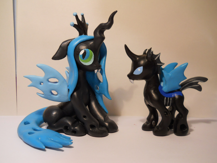 cat_eyes changeling duo fangs female feral friendship_is_magic green_eyes green_hair hair hoikarnage holes horn long_hair male model my_little_pony plain_background queen_chrysalis_(mlp) real slit_pupils white_background wings
