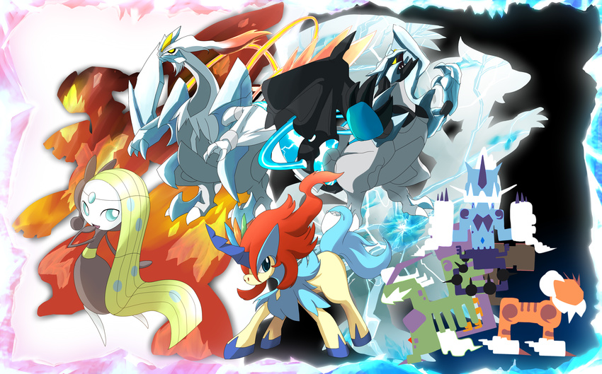 alternate_form blue_eyes electricity gen_5_pokemon glowing highres ice kaian keldeo kyurem landorus legendary_pokemon meloetta no_humans pokemon pokemon_(creature) reshiram silhouette thundurus tornadus yellow_eyes zekrom