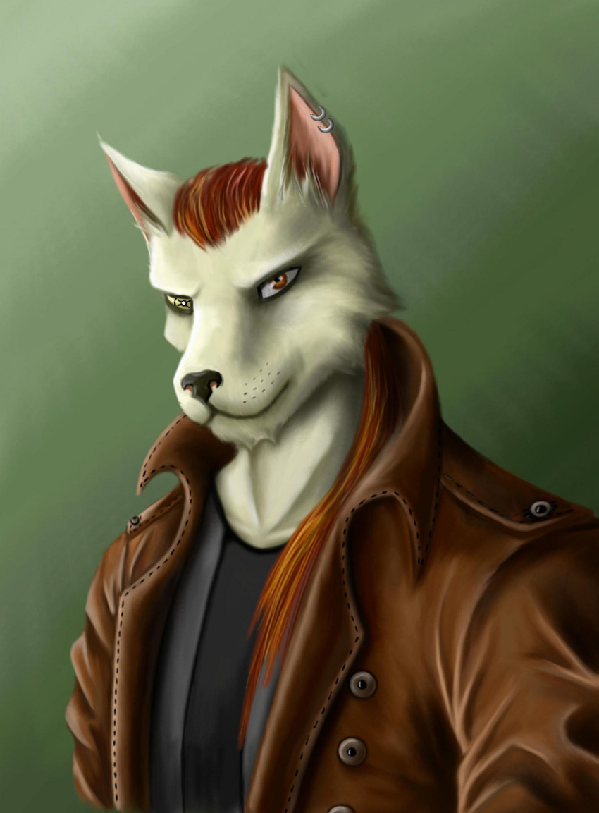 atinka8 canine cybernetic cyberpunk dragos_sav'oi'ss:char dragos_sav'oi'ss ear_piercing folf fox fur hair hybrid leather_jacket long_hair male mammal piercing portrait red_hair smile sniper solo white_fur wolf wolfox