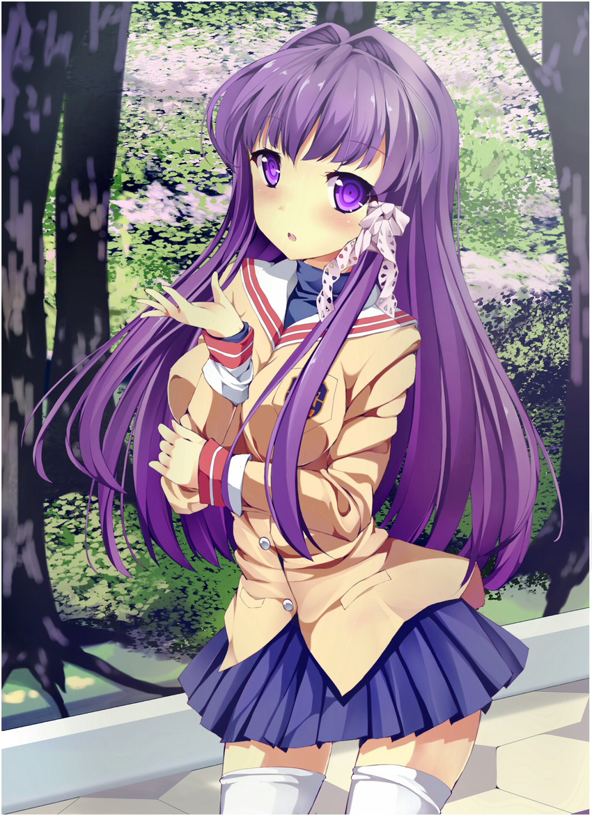 absurdres bonkiru clannad fujibayashi_kyou hair_ribbon highres hikarizaka_private_high_school_uniform long_hair purple_eyes purple_hair ribbon school_uniform solo