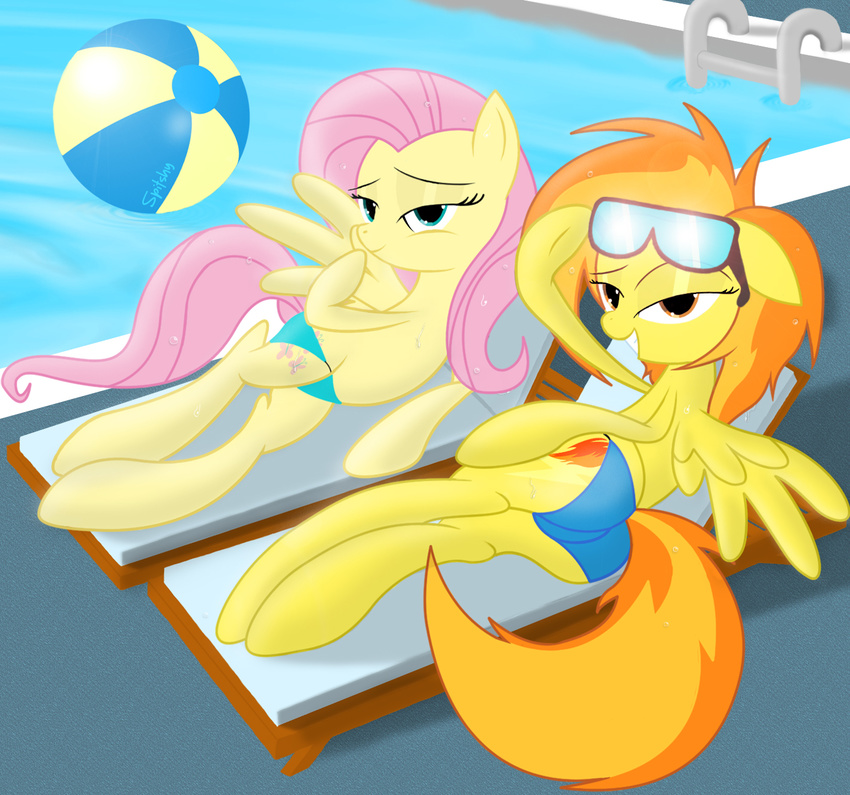 beach_ball bikini butt clothed clothing cutie_mark duo equine eyewear female feral fluttershy_(mlp) friendship_is_magic glasses hair horse looking_at_viewer lying mammal my_little_pony on_side orange_hair pegasus pink_hair pony pool skimpy spitfire_(mlp) spitshy swimsuit tight_clothing two_tone_hair wings wonderbolts_(mlp)