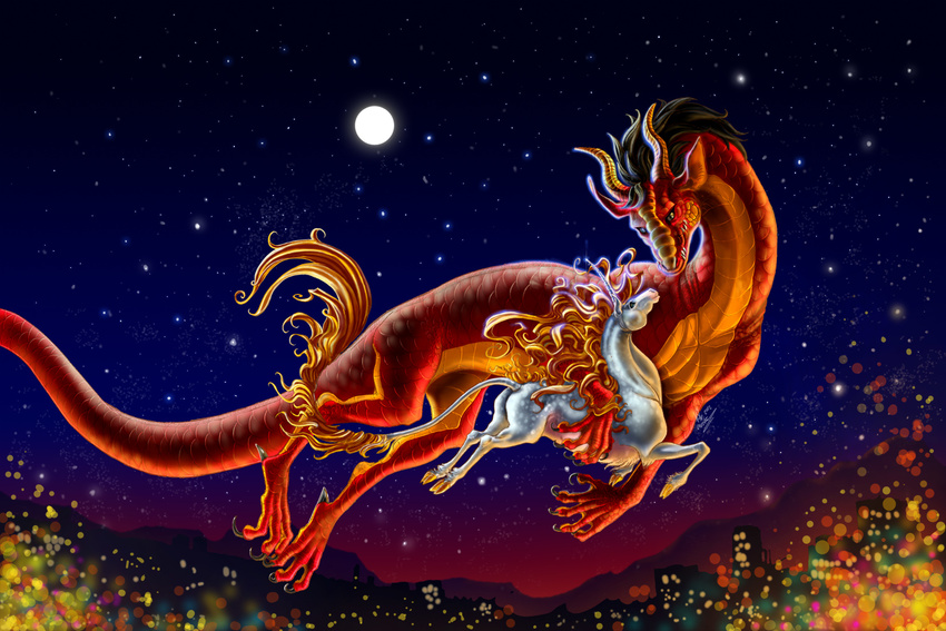 chinese_dragon chutkat dragon equine feral flying hooves horn mammal moon night scalie unicorn
