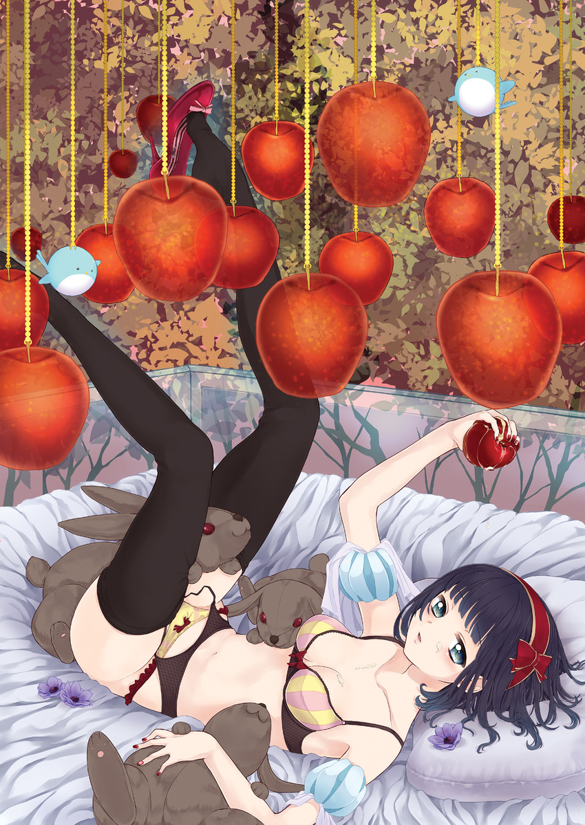 apple bangs black_hair black_legwear blue_eyes blunt_bangs bra breasts bunny cleavage copyright_request food fruit full_body garter_belt high_heels highres lampion lantern legs legs_up looking_at_viewer lying medium_breasts mirakururu on_back shoe_dangle shoes striped striped_bra thighhighs underwear