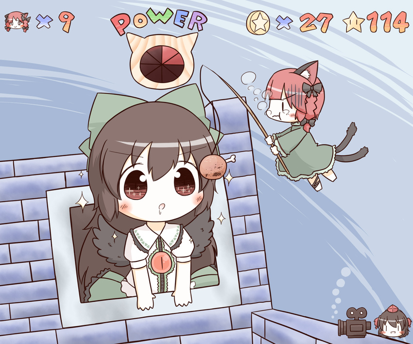 animal_ears bad_id bad_pixiv_id black_hair black_wings blush boned_meat bow braid bubble camera cat_ears cat_tail chibi coin drooling fishing_rod food gameplay_mechanics hair_bow hat heads-up_display health_bar holding_breath kaenbyou_rin long_hair long_sleeves mario_(series) meat multiple_girls multiple_tails parody puffy_short_sleeves puffy_sleeves red_eyes red_hair reiuji_utsuho shameimaru_aya short_sleeves south114 sparkle star super_mario_64 super_mario_bros. swimming tail through_window tokin_hat touhou twin_braids underwater wide_sleeves wings
