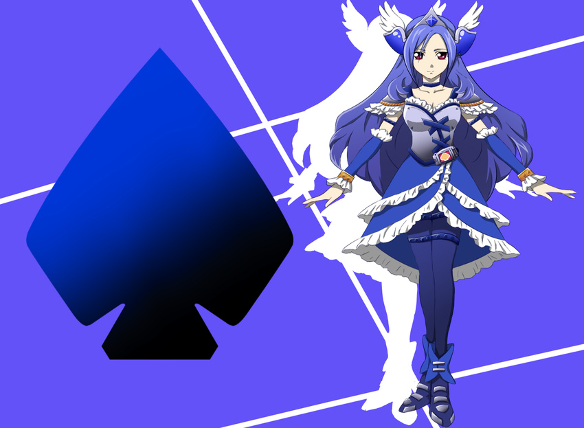 alternate_color alternate_costume alternate_eye_color alternate_hair_color bad_id bad_pixiv_id big_hair black_legwear blue_hair blue_legwear blue_skirt breasts choker cleavage crossover cure_passion diamond_(shape) fresh_precure! frilled_skirt frills hair_ornament head_wings heart heart_hair_ornament higashi_setsuna high_heels kamen_rider kamen_rider_blade kamen_rider_blade_(series) long_hair magical_girl medium_breasts pantyhose pink_eyes precure ribbon shoes skirt solo spade_(shape) syu-ho2501 tiara