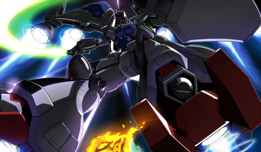 foreshortening glowing glowing_eyes gomibako_(shirokumatei) gundam gundam_0083 gundam_gp-02_physalis looking_down mecha no_humans shield solo space sword weapon