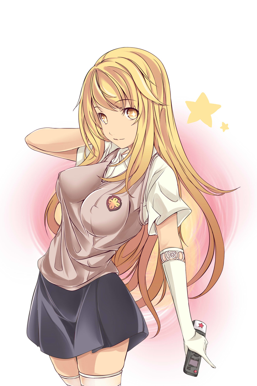 1girl absurdres arm_up bad_id bad_pixiv_id blonde_hair breasts controller covered_nipples cowboy_shot elbow_gloves faefaea gloves hand_in_hair highres impossible_clothes light_smile long_hair looking_at_viewer medium_breasts remote_control school_uniform shokuhou_misaki short_sleeves skindentation skirt solo spider_web_print standing star sweater_vest symbol-shaped_pupils thighhighs to_aru_kagaku_no_railgun to_aru_majutsu_no_index white_gloves white_legwear yellow_eyes zettai_ryouiki