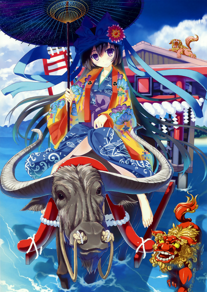 absurdres banner barefoot black_hair buffalo day goshoguruma head_tilt highres japanese_clothes kimono kokonobi komainu long_hair nobori non-web_source oriental_umbrella original parasol purple_eyes riding scan sitting starry_sky_print torii umbrella very_long_hair water