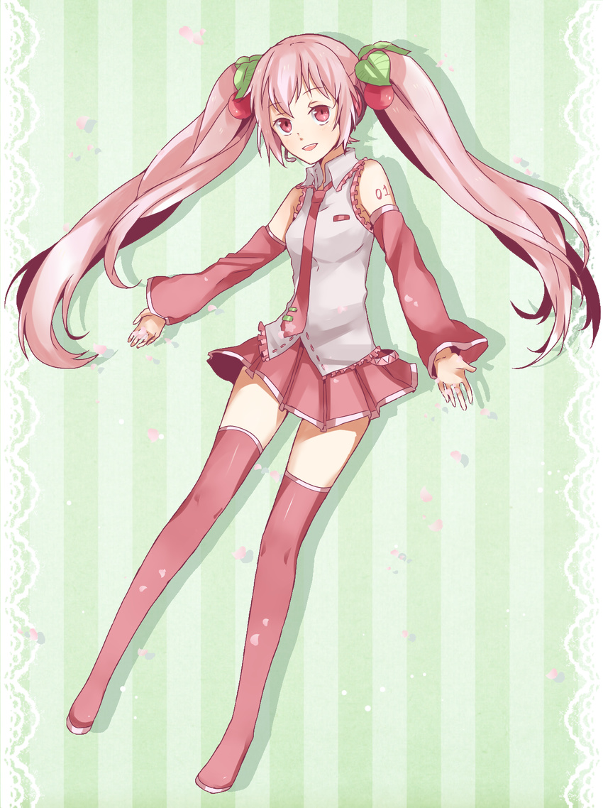 boots cherry detached_sleeves food fruit hatsune_miku headset highres long_hair mihane0vl necktie pink_eyes pink_footwear pink_hair sakura_miku skirt solo striped striped_background thigh_boots thighhighs twintails vertical-striped_background vertical_stripes very_long_hair vocaloid