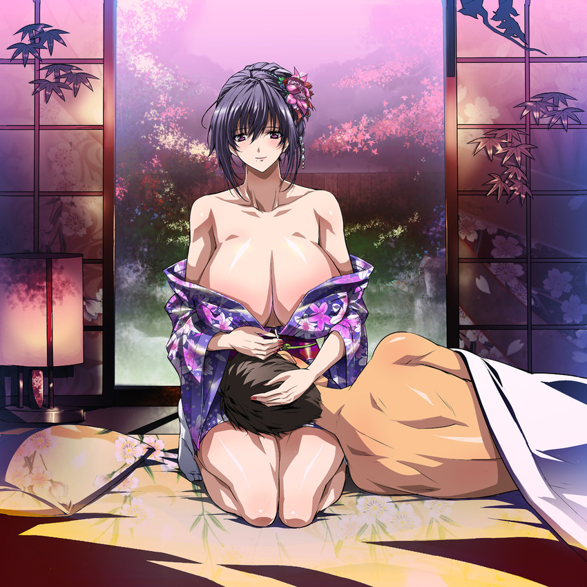 1girl bare_shoulders breasts cleavage ear_cleaning flower hair_flower hair_ornament highres huge_breasts japanese_clothes kimono lap_pillow mimikaki mole mole_under_mouth original purple_eyes purple_hair q_azieru ryokan seiza short_hair sitting