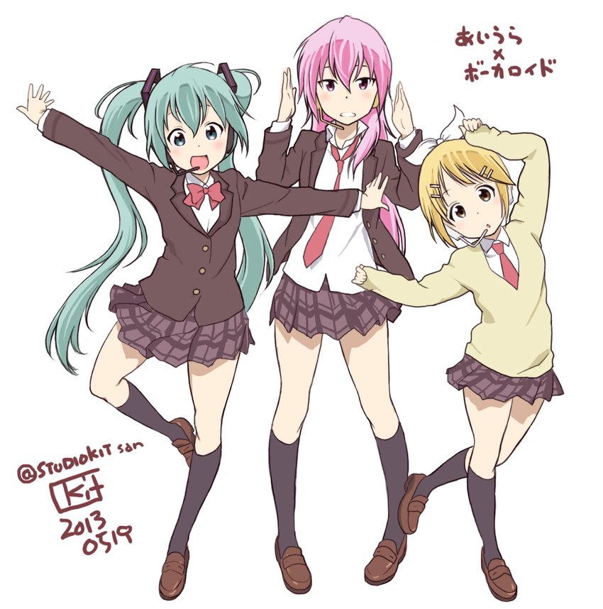 3girls aiura artist_name blonde_hair bow bowtie brown_eyes copyright_name dated green_eyes green_hair hatsune_miku headset kagamine_rin kit_(studio) loafers long_hair megurine_luka multiple_girls open_mouth outstretched_arms parody pink_eyes pink_hair school_uniform shoes short_hair skirt spread_arms style_parody twintails very_long_hair vocaloid white_background