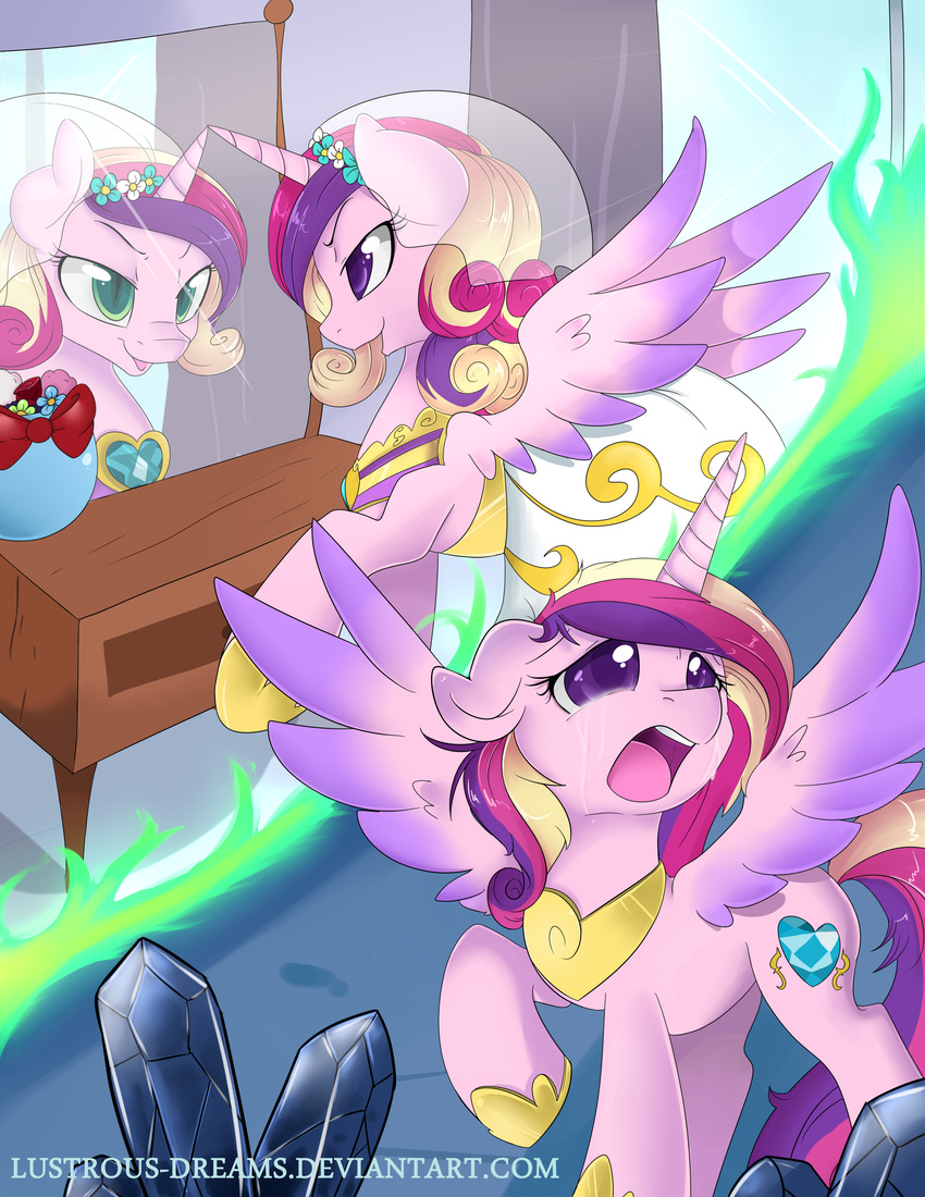 cat_eyes cave changeling crying crystal cutie_mark equine female feral flower friendship_is_magic gold green_eyes horn horse lustrous-dreams mammal mirror my_little_pony necklace pony princess_cadance_(mlp) purple_eyes slit_pupils standing tears upset vase veil wedding_dress wedding_veil winged_unicorn wings