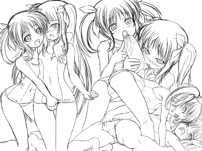2girls bare_shoulders bisexual_(female) blush cameltoe covered_navel fate_testarossa fingering greyscale hair_ribbon hetero highres licking long_hair lyrical_nanoha mahou_shoujo_lyrical_nanoha monochrome multiple_girls one-piece_swimsuit open_mouth oral penis ribbon school_swimsuit short_twintails sketch swimsuit takamachi_nanoha taro teeth tongue tongue_out twintails