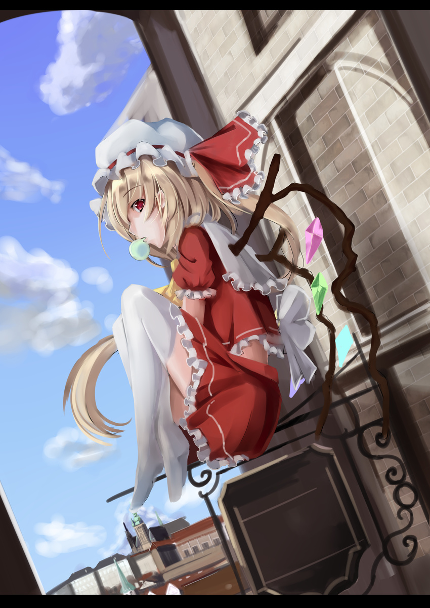 absurdres ascot bad_id bad_pixiv_id blonde_hair blush flandre_scarlet hat hat_ribbon highres letterboxed lio long_hair profile red_eyes ribbon side_ponytail sign skirt skirt_set solo thighhighs touhou very_long_hair white_legwear wings
