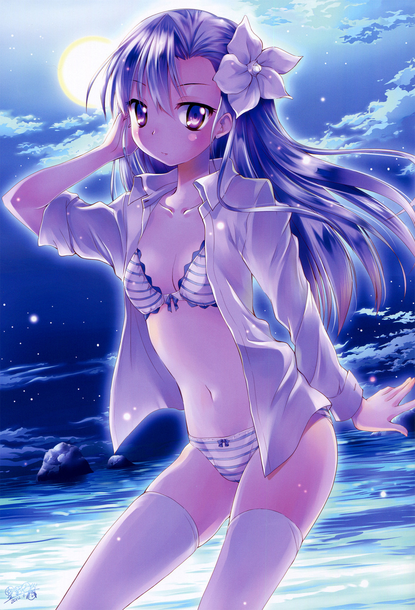 alternate_hairstyle blue_hair blush bow bra cloud dress_shirt fin_e_ld_si_laffinty flower hair_down hair_flower hair_ornament highres hoshino_madoka lingerie long_hair navel no_pants open_clothes open_shirt panties purple_eyes rinne_no_lagrange shirt sky sleeves_rolled_up solo thighhighs underwear water