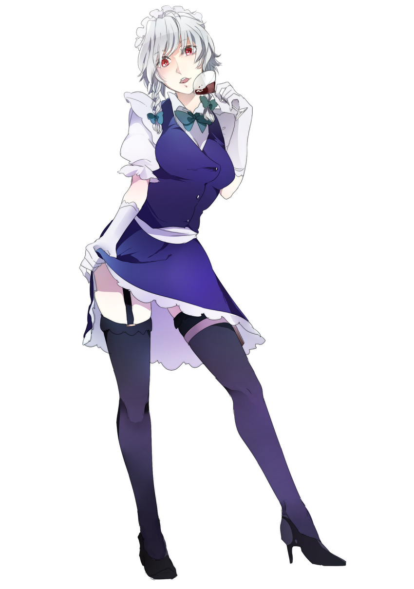 absurdres bad_id bad_pixiv_id black_legwear braid contrapposto cup drinking_glass elbow_gloves full_body garter_straps gloves hair_ribbon high_heels highres izayoi_sakuya maid_headdress open_mouth red_eyes ribbon shoes short_hair silver_hair skirt skirt_lift smile sofy solo standing thighhighs touhou transparent_background twin_braids white_gloves wine_glass