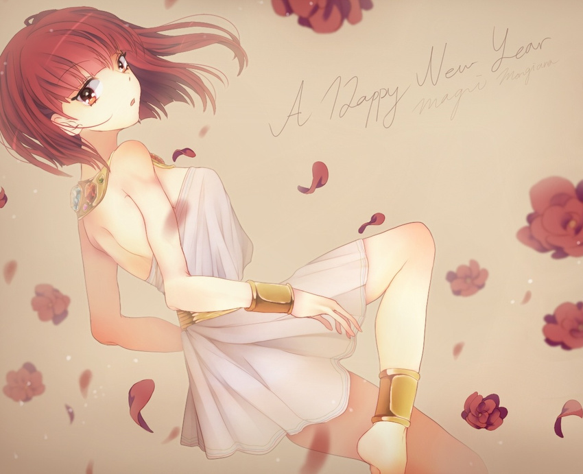 alternate_costume anklet armlet barefoot bracelet brown_hair flower happy_new_year jewelry kawachi_rin magi_the_labyrinth_of_magic morgiana new_year one_side_up petals short_hair solo