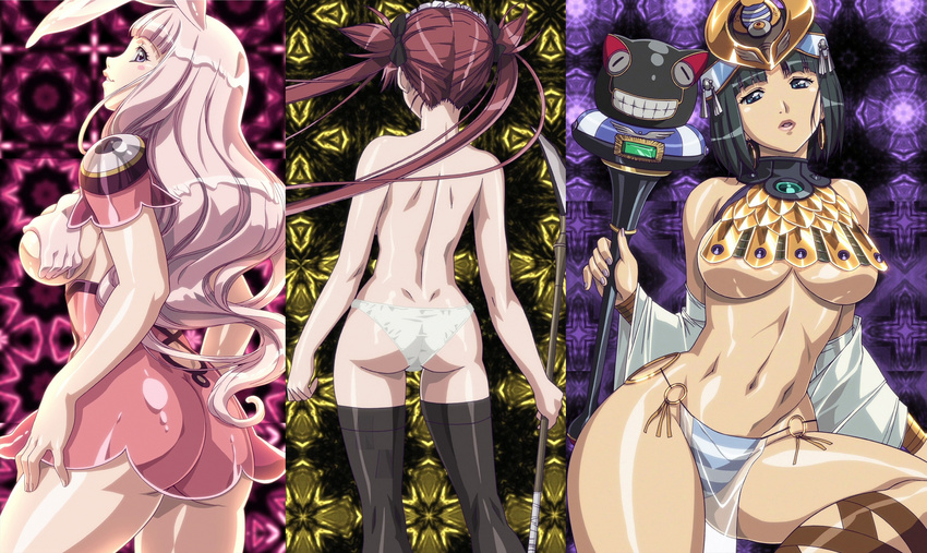 3girls absurdres airi airi_(queen's_blade) ass back black_hair breasts earrings highres jewelry large_breasts long_hair melona menace multiple_girls panties pink_hair queen's_blade queen's_blade red_hair scepter setora setra standing thighhighs transparent twintails underwear urushihara_satoshi wide_hips