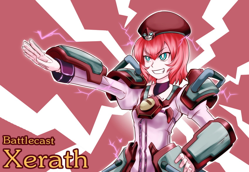 alternate_costume blue_eyes electricity english genderswap genderswap_(mtf) gloves hat league_of_legends nam_(valckiry) personification red_hair salute short_hair solo straight-arm_salute xerath