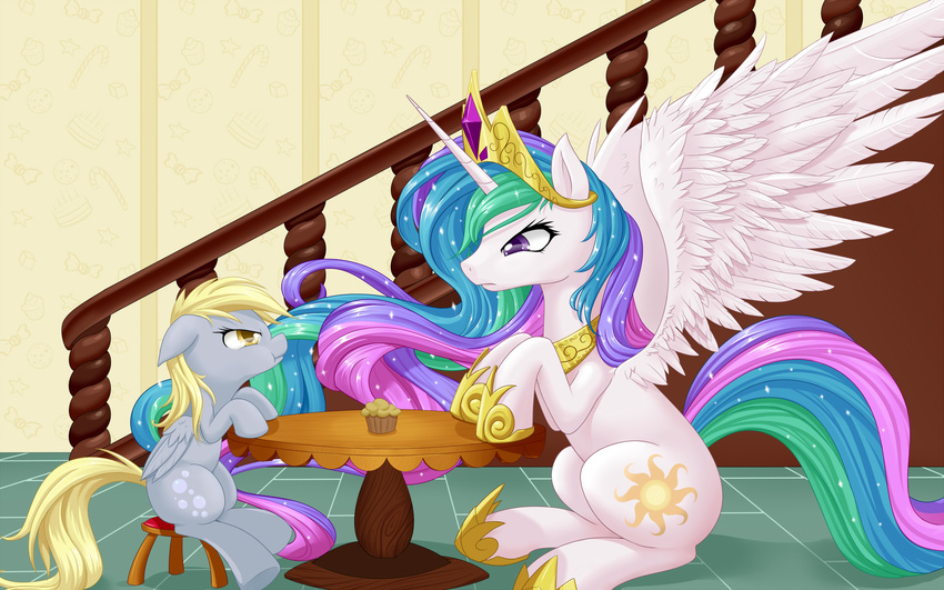 cutie_mark derpy_hooves_(mlp) dstears duo equine female feral food friendship_is_magic horn horse mammal muffin my_little_pony pegasus pony princess princess_celestia_(mlp) royalty stairs table winged_unicorn wings
