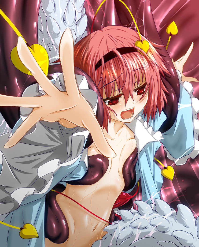 blush covering covering_breasts eyeball foreshortening fumihiro hairband hands heart highres komeiji_satori open_mouth out-of-frame_censoring purple_hair red_eyes restrained short_hair solo tentacles third_eye touhou undressing