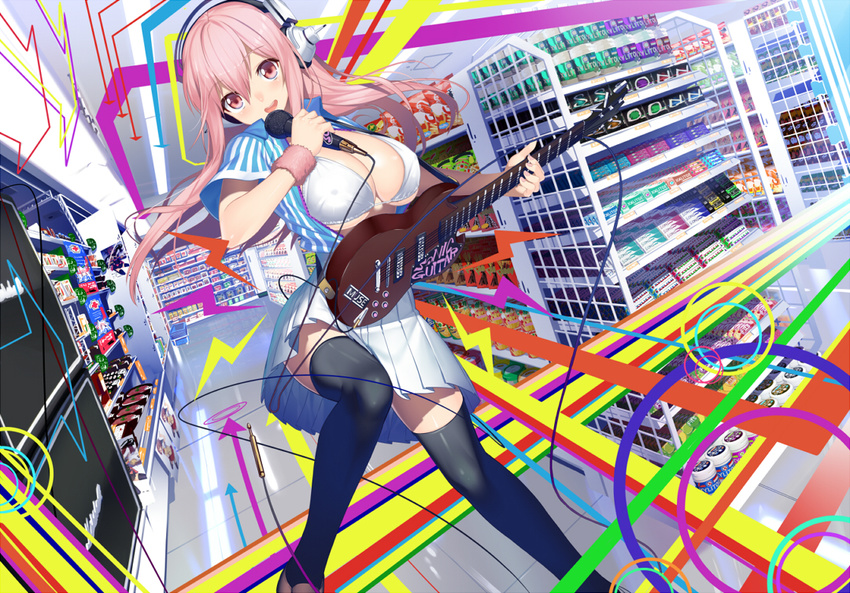 bikini_top black_legwear brand_name_imitation breasts cleavage convenience_store employee_uniform guitar headphones hullabaloo instrument large_breasts long_hair microphone nitroplus open_clothes open_mouth open_shirt pink_hair pleated_skirt shirt shoes shop skirt solo striped striped_shirt super_sonico thighhighs uniform wristband