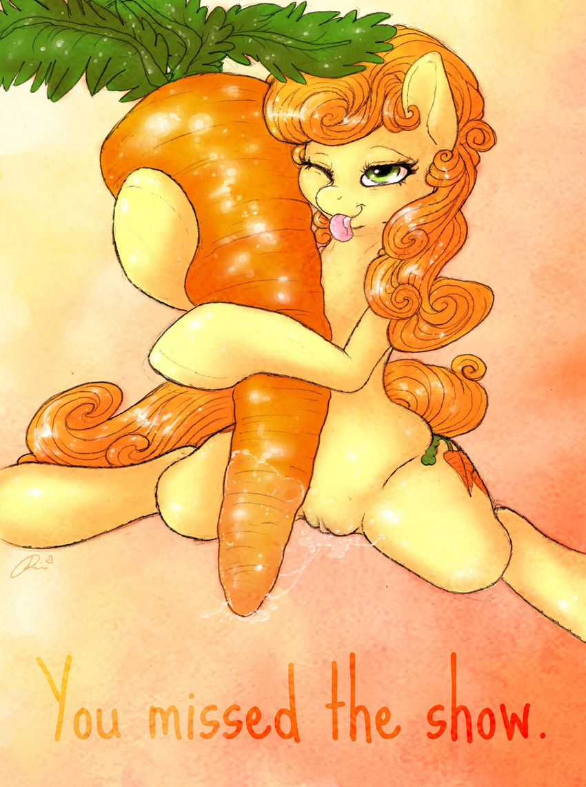 carrot carrot_top_(mlp) cutie_mark dimwitdog english_text equine female feral friendship_is_magic green_eyes hair horse mammal my_little_pony one_eye_closed orange_hair out pony pussy pussy_juice solo text tongue wink