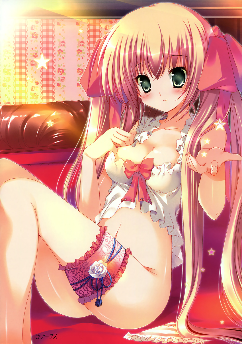 absurdres bare_shoulders blonde_hair blush bow bowtie bracelet breasts camisole cleavage collarbone copyright_request green_eyes highres indoors jewelry knees_up leg_garter legs looking_at_viewer medium_breasts mizusawa_mimori panties panties_removed red_bow red_neckwear sitting solo tareme twintails underwear