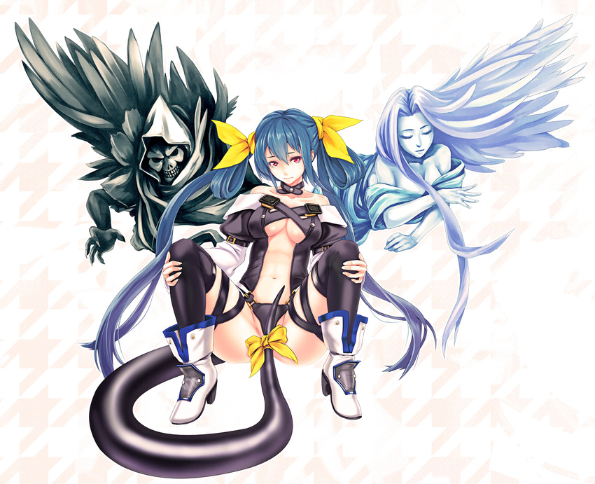asymmetrical_wings bare_shoulders blue_hair boots bow breasts choker cleavage dizzy guilty_gear hair_bow highres infinote large_breasts long_hair navel necro_(guilty_gear) panties red_eyes skull spread_legs tail thighhighs underwear undine_(guilty_gear) very_long_hair white_background wings