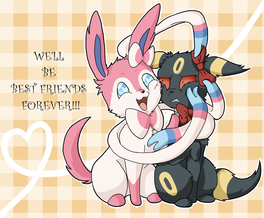 &lt;3 :d ambiguous_gender anime black_eyes black_fur black_nose black_skin blue_eyes blue_sclera bow bow_tie canine cute duo eeveelution english_text exotic_pupils feral fox fur hi_res humor japanese mammal mearii-chi nintendo open_mouth pattern_background pink_fur pink_markings pink_skin plaid plain_background pok&#233;mon pok&eacute;mon raised_leg red_eyes red_sclera sharp_teeth sitting stare sylveon teeth text tongue umbreon video_games white_background white_fur yellow_fur