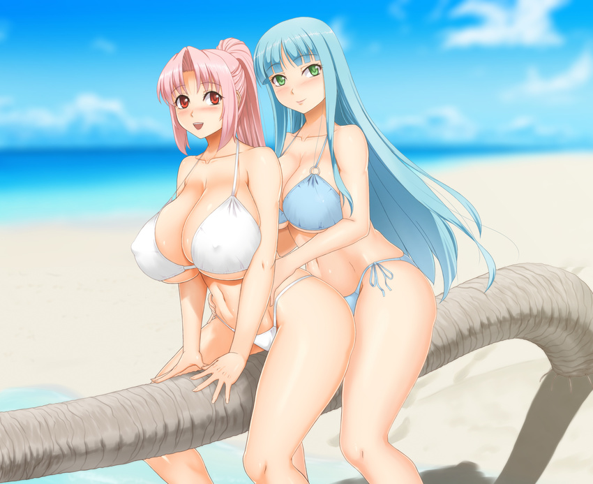 2girls beach bikini blue_hair breasts female green_eyes highres huge_breasts kinoko_(mira2525) large_breasts long_hair multiple_girls ocean open_mouth original pink_hair ponytail red_eyes sitting smile swimsuit thighs very_long_hair