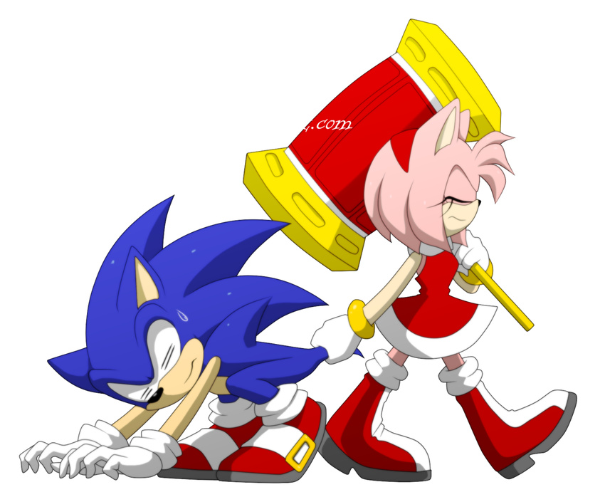 amy_rose beige_skin bent_over big black_nose black_skin blue_fur boots buckle drag eyelashes eyes_closed female footwear gloves grasp hair hammer headband hedgehog hi_res holding invalid_background jewelry long_hair male myly14 nude pink_fur pink_hair pull quills raised_arm ring sega shoes skin socks sonic_(series) sonic_the_hedgehog sweat walking weapon white_eyes wristband