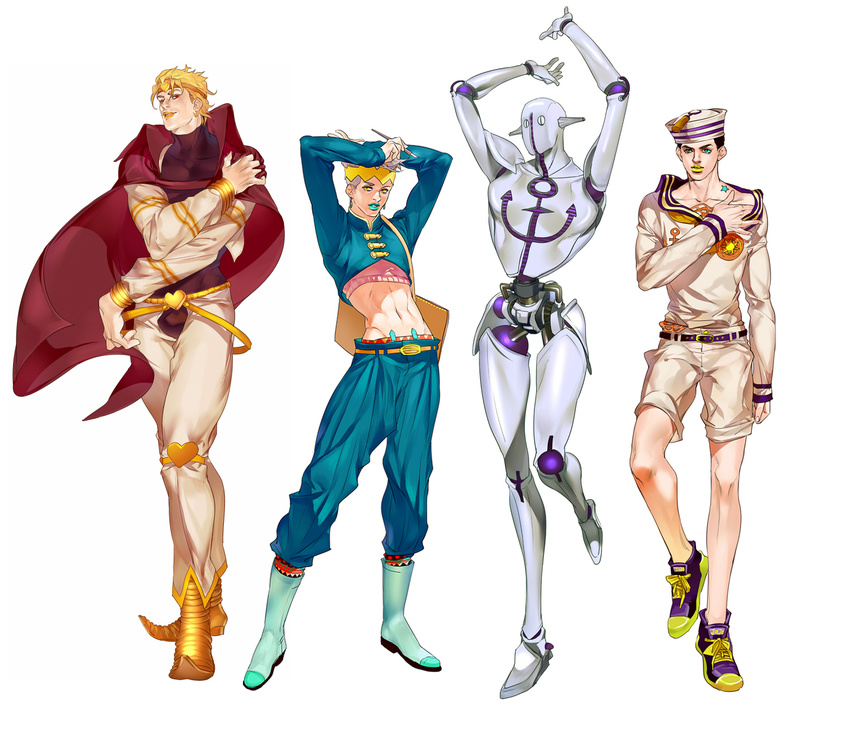 blue_lipstick boots dio_brando dixie_cup_hat emg_(christain) green_lipstick hat headband higashikata_jousuke_(jojolion) highres jojo_no_kimyou_na_bouken jojolion kishibe_rohan lipstick makeup midriff military_hat multiple_boys paintbrush pointy_shoes realistic shoes shorts sneakers soft_&amp;_wet stand_(jojo)