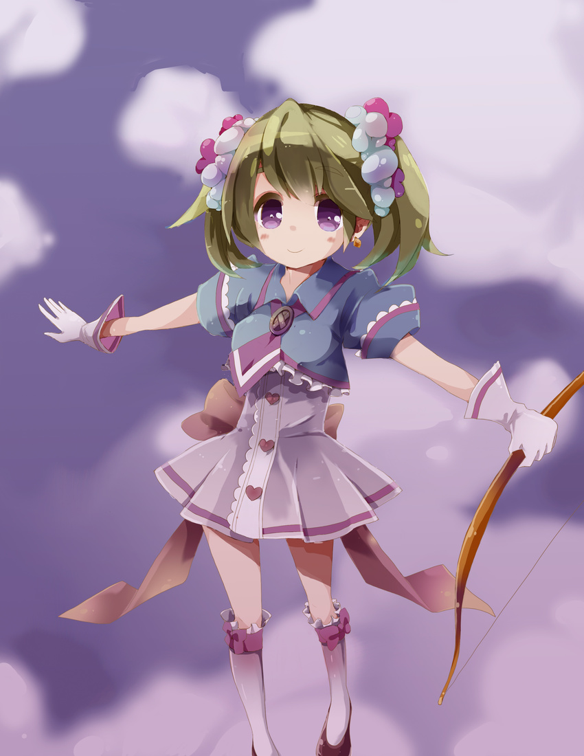 absurdres aya_(yu) blonde_hair blush_stickers bow_(weapon) cloud dress earrings flying gloves highres jewelry original outstretched_arms pleated_skirt purple_eyes ribbon short_hair short_sleeves skirt smile socks solo twintails weapon
