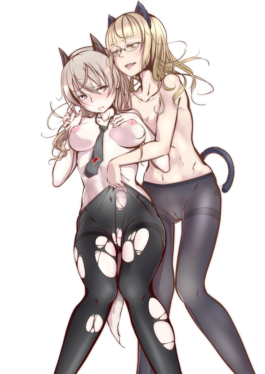 absurdres animal_ears bad_id bad_pixiv_id bare_shoulders blonde_hair breast_grab breasts cameltoe collarbone crotch_seam eila_ilmatar_juutilainen fangs glasses grabbing highres long_hair medium_breasts multiple_girls naughty_face navel necktie nipples no_panties pantyhose pantyhose_pull perrine_h_clostermann strike_witches tail teeth thigh_gap thighband_pantyhose torn_clothes torn_legwear vivace_tune white_background world_witches_series yuri