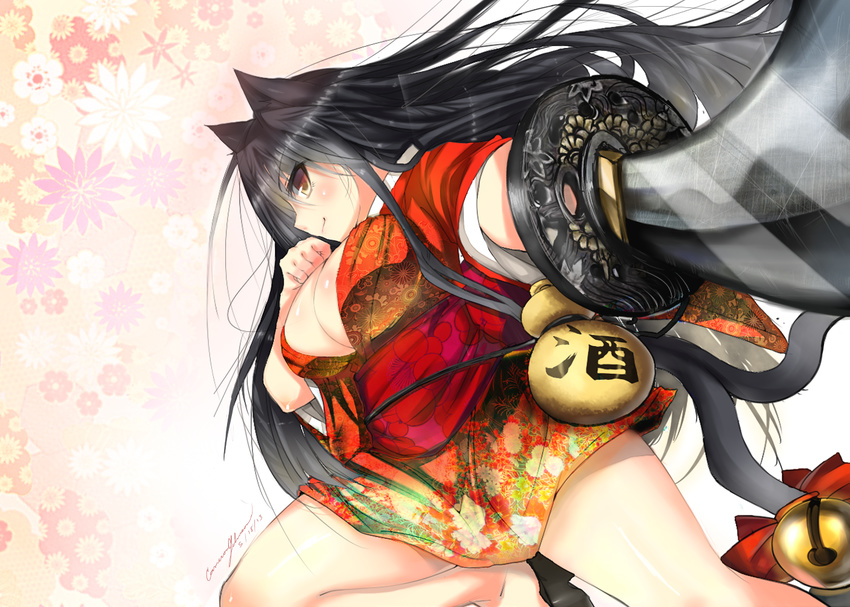 animal_ears bell black_hair breasts cameron_johnson cat_ears cat_tail gourd japanese_clothes katana kimono large_breasts long_hair original solo sword tail weapon