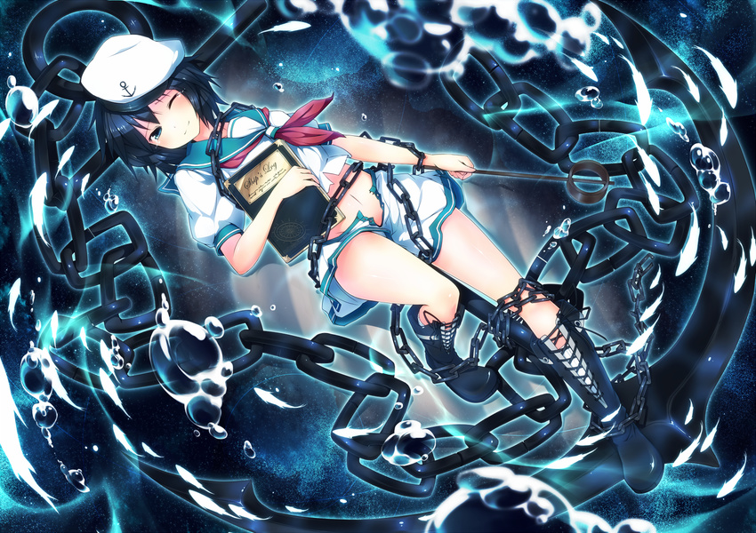 anchor black_hair book boots chain cross-laced_footwear green_eyes hat hishaku lace-up_boots midriff murasa_minamitsu navel neckerchief one_eye_closed open_clothes open_fly open_shorts sailor_hat short_hair shorts smile solo tears touhou ugume unzipped