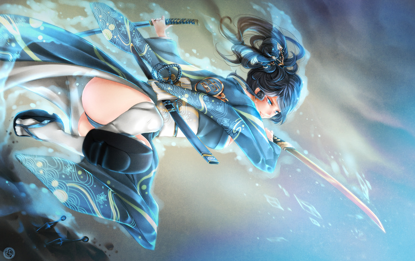 black_hair blue_eyes japanese_clothes ponytail sword tagme weapon