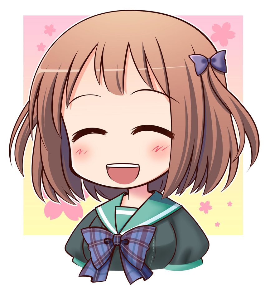 breasts brown_hair chibi closed_eyes hataraku_maou-sama! highres large_breasts noumiso_hoehoe open_mouth ribbon sasaki_chiho school_uniform short_hair short_twintails smile solo twintails
