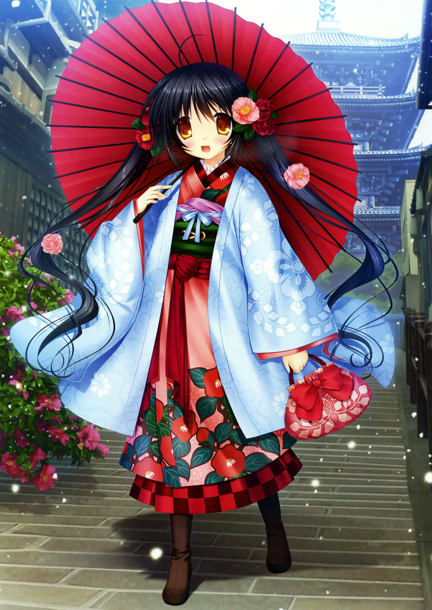 1girl absurdres highres hinoue_itaru japanese_clothes kimono long_hair twintails umbrella yellow_eyes